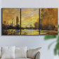 Three-panel canvas wall art featuring quiet river branch landscape, displayed in a living room above a sofa.