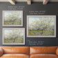 Impressionist white-blossomed orchard landscape by Vincent van Gogh in an ornate weathered white frame shown in multiple size options.