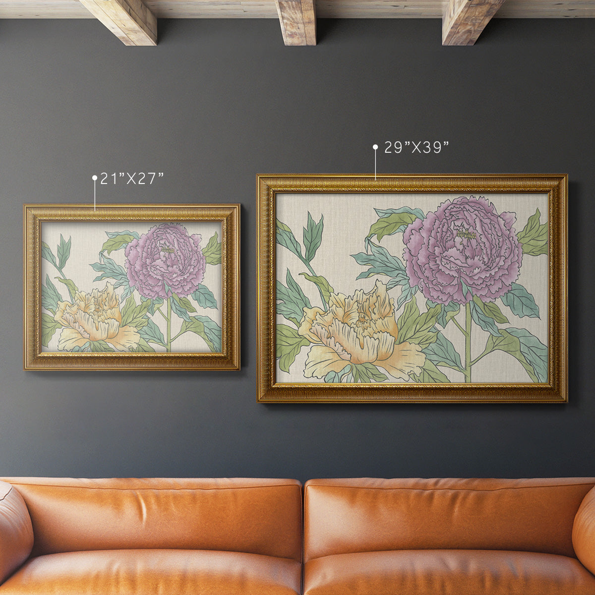 Contemporary peony flower illustration in an ornate traditional gold frame shown in multiple size options.