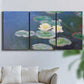 Three-panel canvas wall art featuring water lilies floating on pond, displayed in a living room above a sofa.