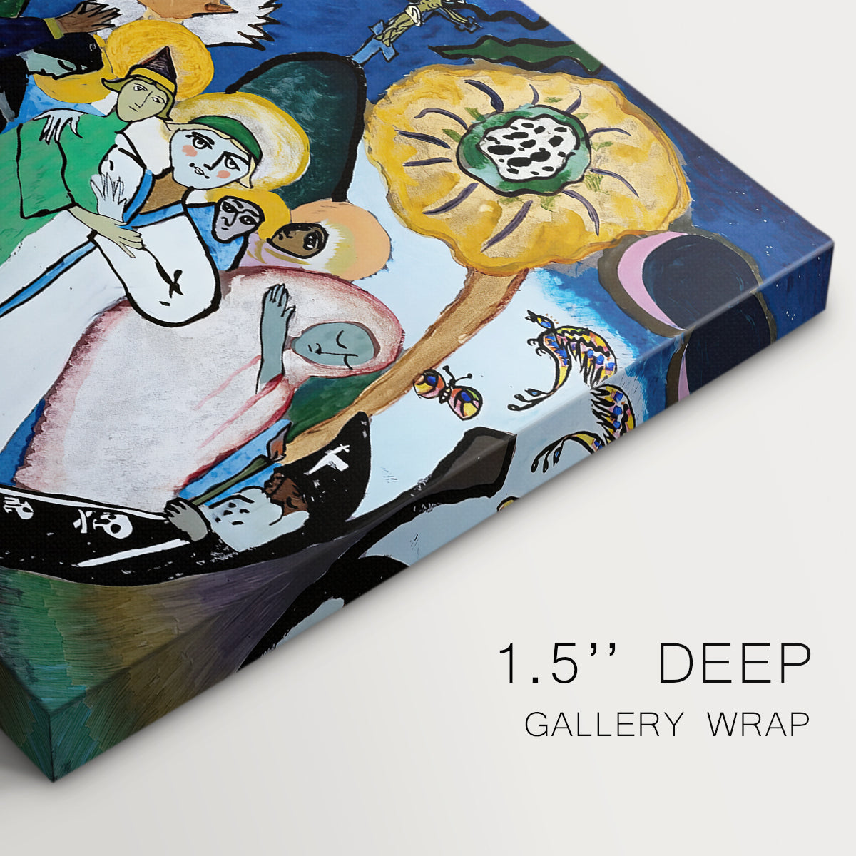 Canvas art print of a dense abstract composition with figures and forms suggested through bold color contrasts, highlighting texture and gallery-wrapped edges