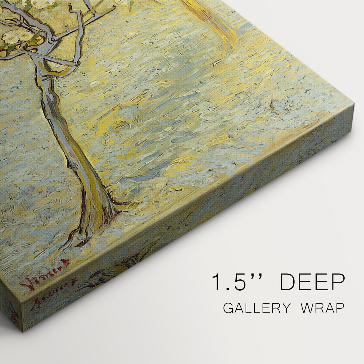 Close-up of a gallery-wrapped canvas corner showing a calm image with floral detail and light texture, highlighting texture and print detail.