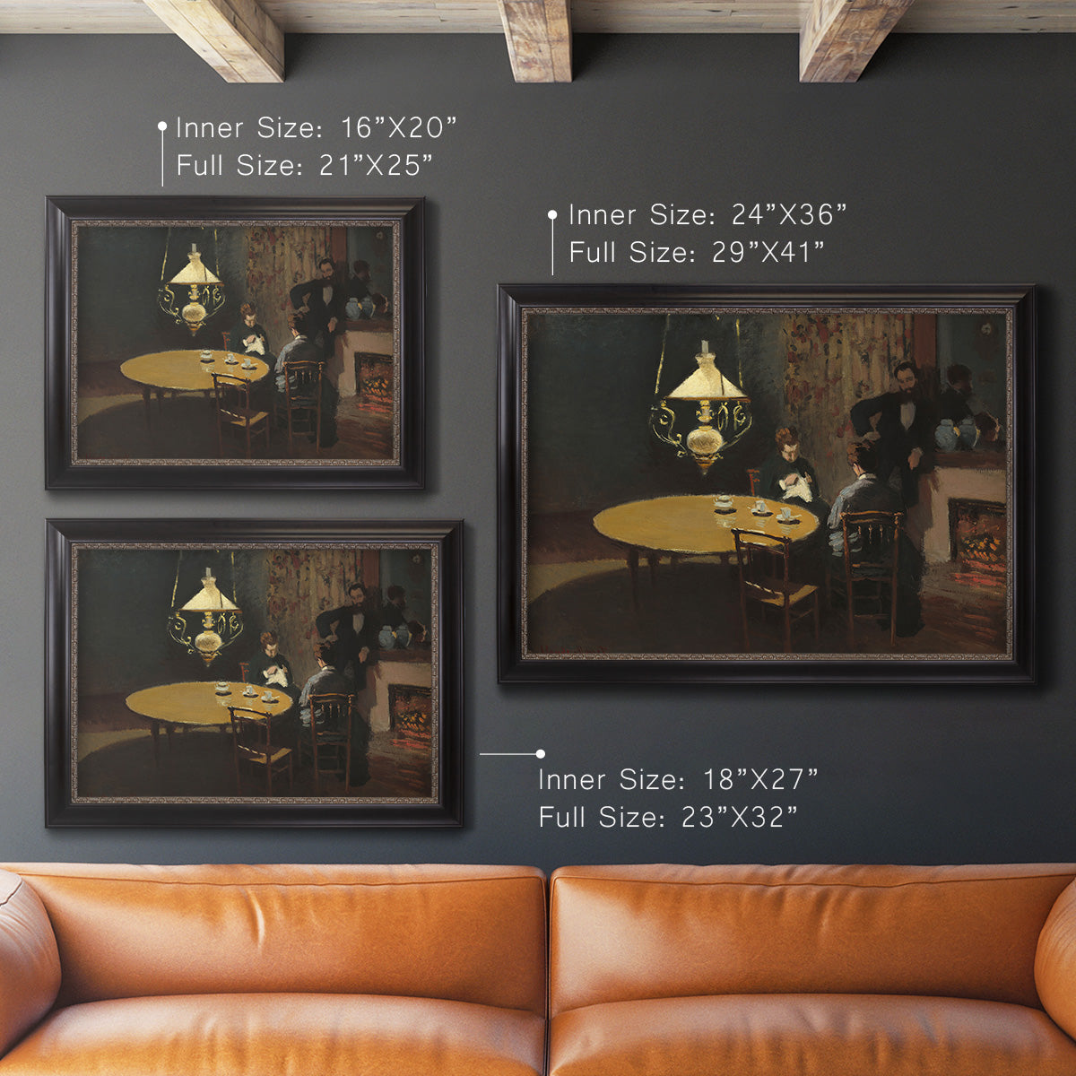 Impressionist domestic interior scene by Claude Monet in an ornate black frame with gilded inner detail shown in multiple size options.
