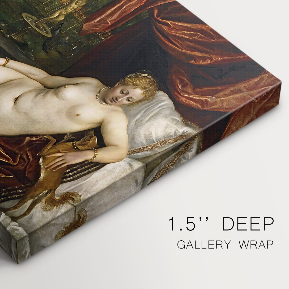 Canvas art print of a reclining nude woman with organist nearby and dog at foot of bed, highlighting texture and gallery-wrapped edges