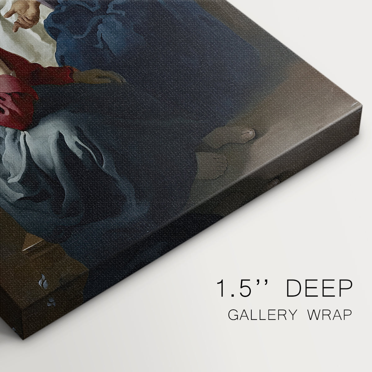 Close-up of a gallery-wrapped canvas corner showing a quiet scene with balanced light and depth, highlighting texture and print detail.