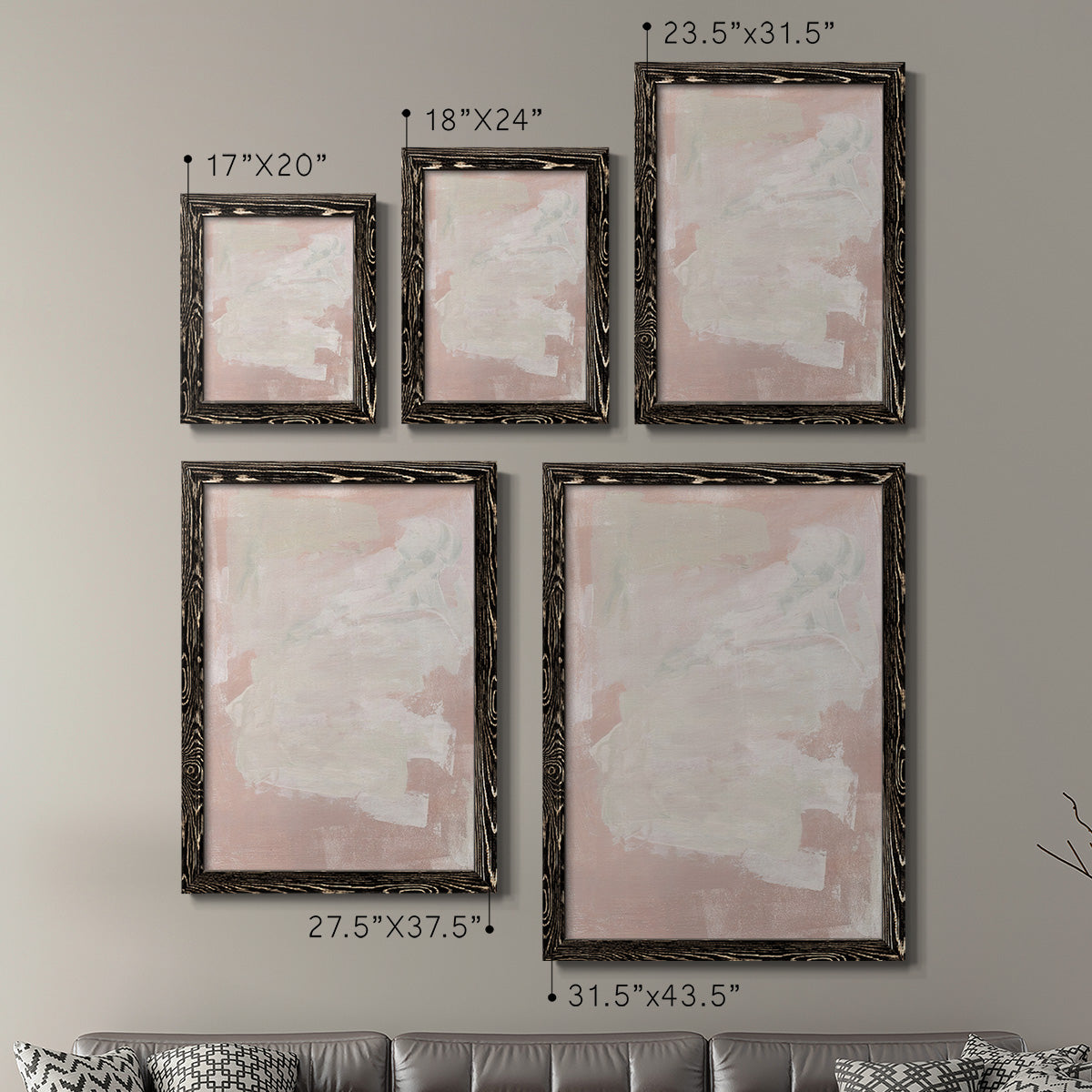 Size comparison chart for a set of two black barnwood framed canvas prints.