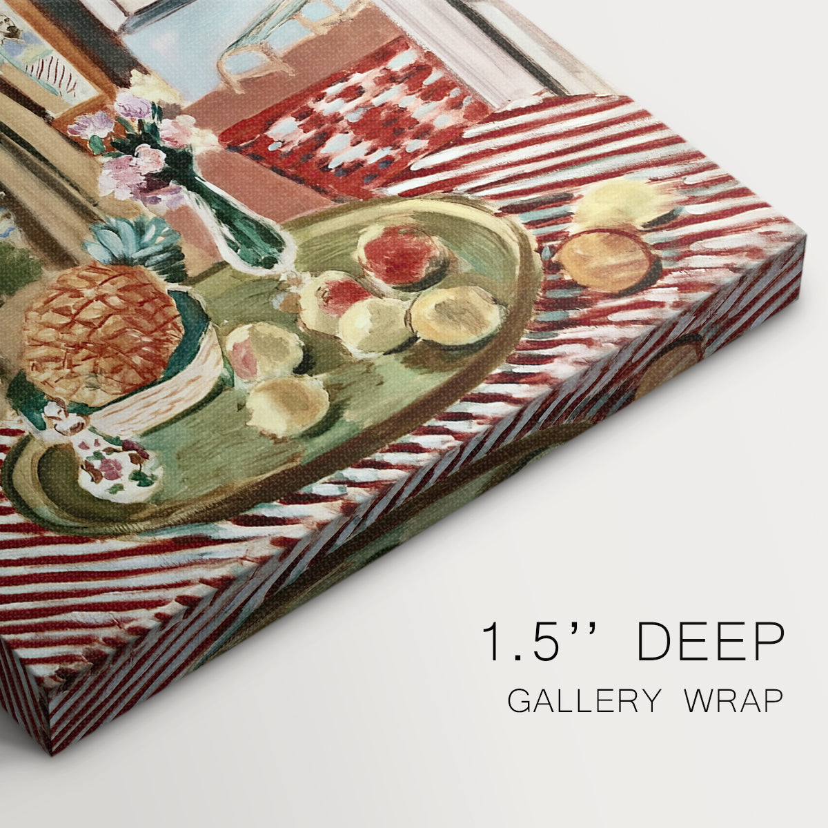 Close-up of a gallery-wrapped canvas corner showing a vivid interior with layered textures and objects, highlighting texture and print detail.