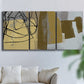 Three-panel canvas wall art featuring industrial abstract digital glitch pattern, displayed in a living room above a sofa.