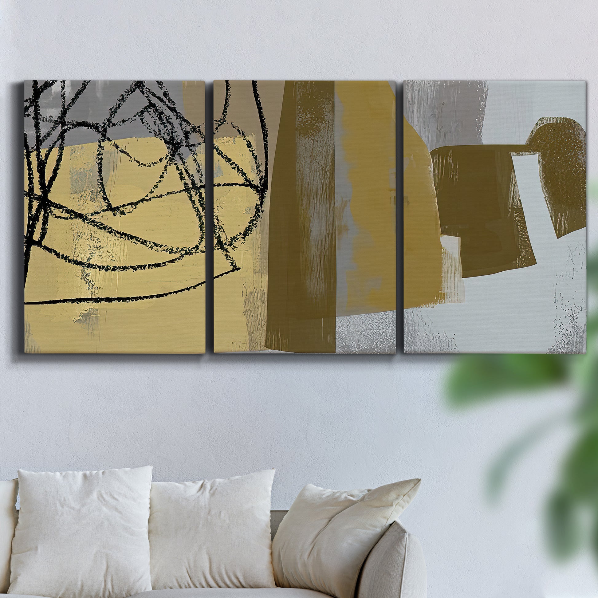 Three-panel canvas wall art featuring industrial abstract digital glitch pattern, displayed in a living room above a sofa.