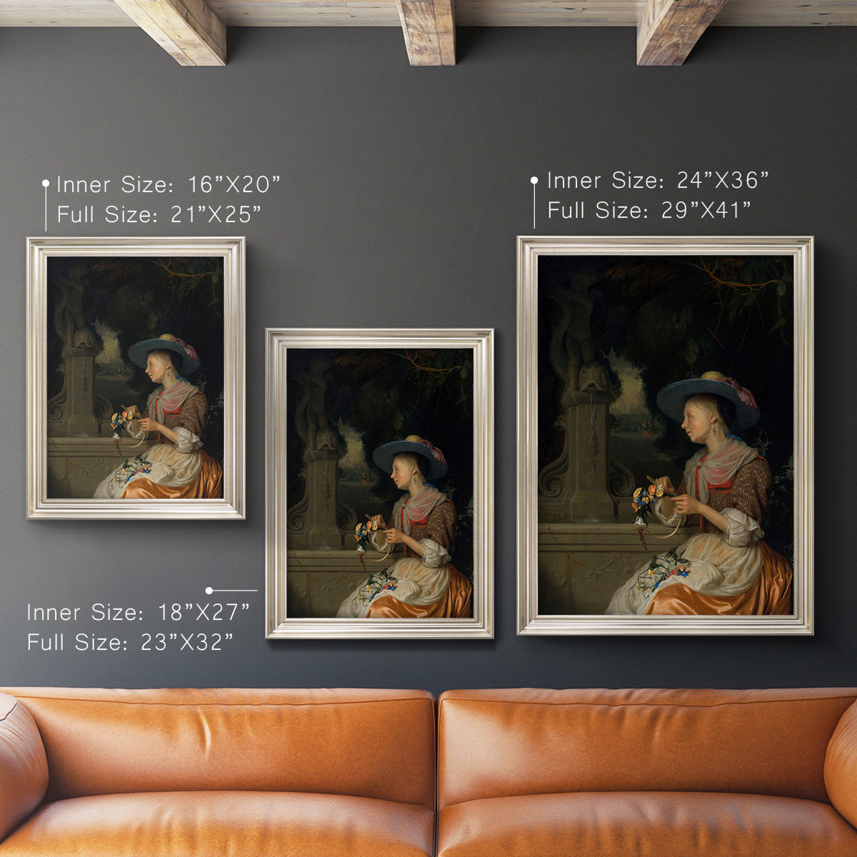 Classical interior scene of a woman weaving flowers by Godfried Schalcken in an ornate champagne frame shown in multiple vertical size options.