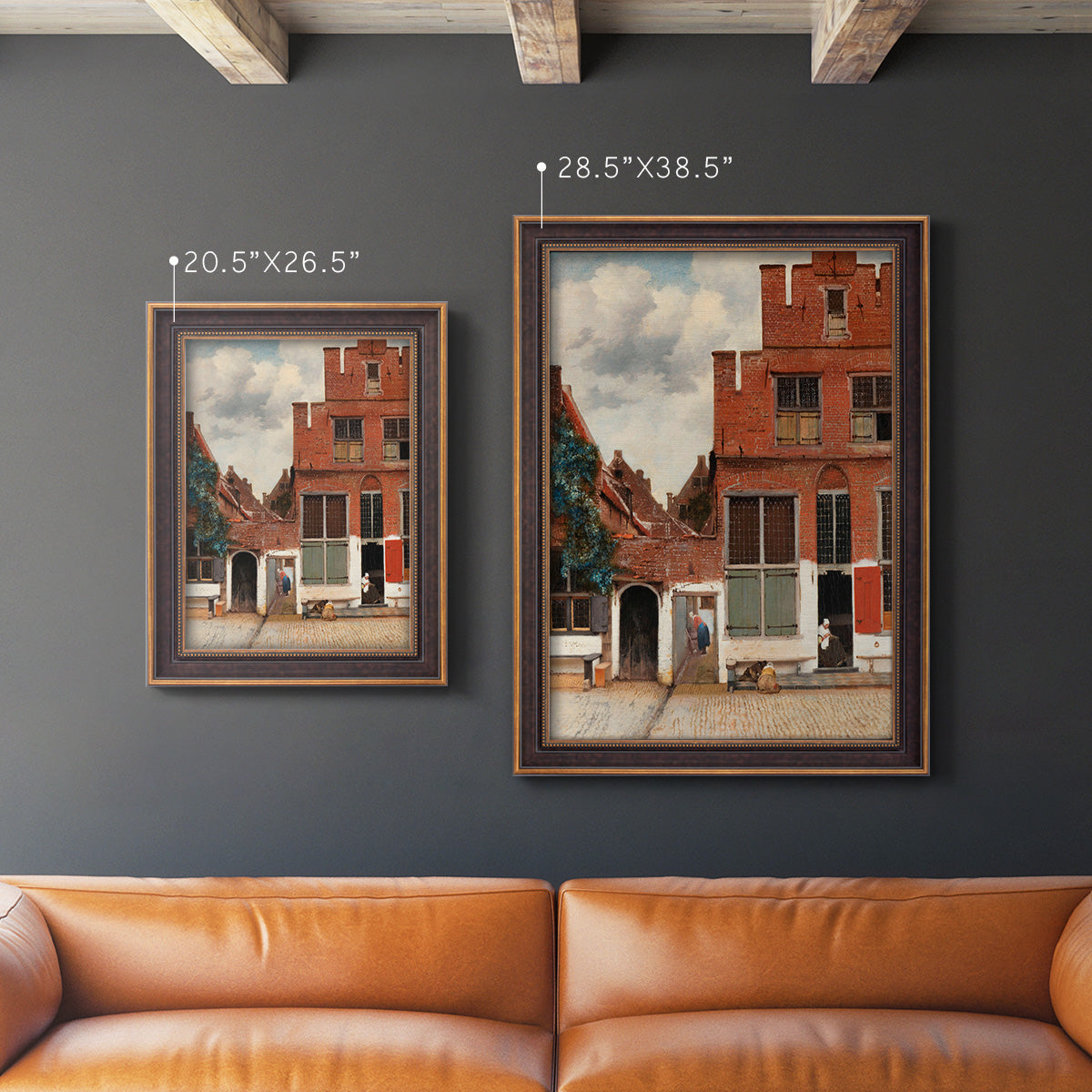 Realist city street scene by Johannes Vermeer in an ornate bronzed mahogany wood frame shown in multiple vertical size options.