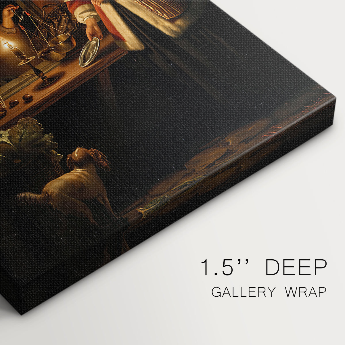 Close-up of a gallery-wrapped canvas corner showing a nighttime scene with subtle glow and detail, highlighting texture and print detail.