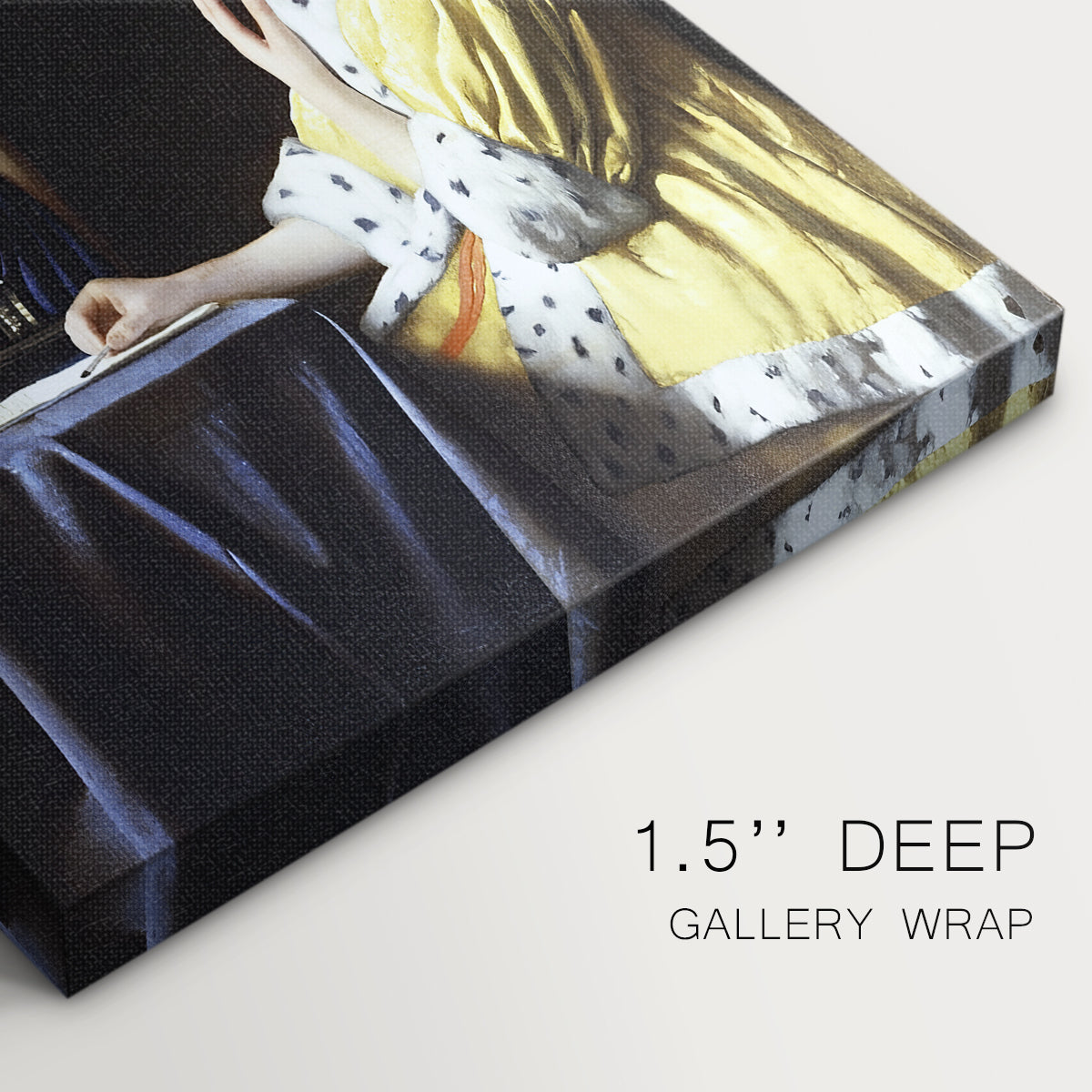 Close-up of a gallery-wrapped canvas corner showing a structured interior with narrative focus, highlighting texture and print detail.