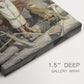 Close-up of a gallery-wrapped canvas corner showing an emotional landscape with a solitary figure in a tense moment, highlighting texture and print detail.