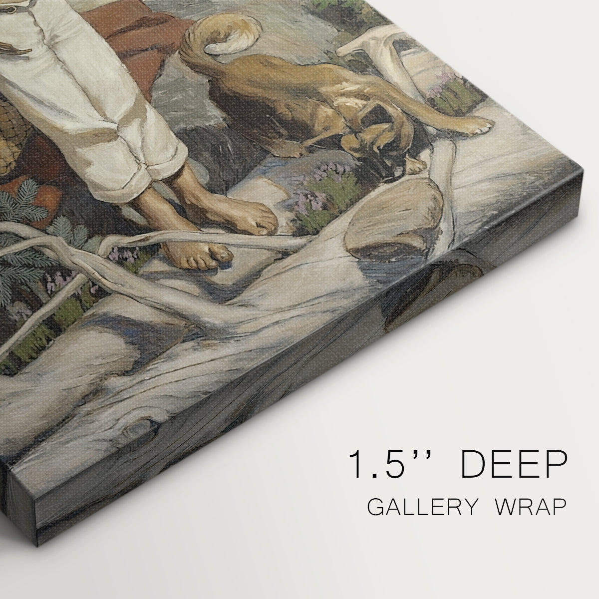 Close-up of a gallery-wrapped canvas corner showing an emotional landscape with a solitary figure in a tense moment, highlighting texture and print detail.
