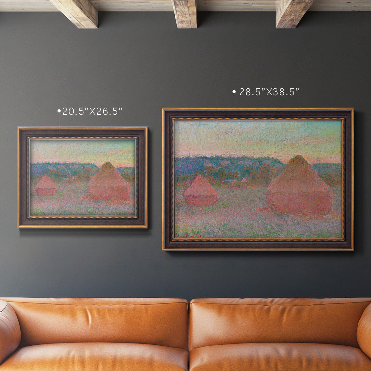 Impressionist haystack series landscape by Claude Monet in an ornate bronzed mahogany wood frame shown in multiple size options.