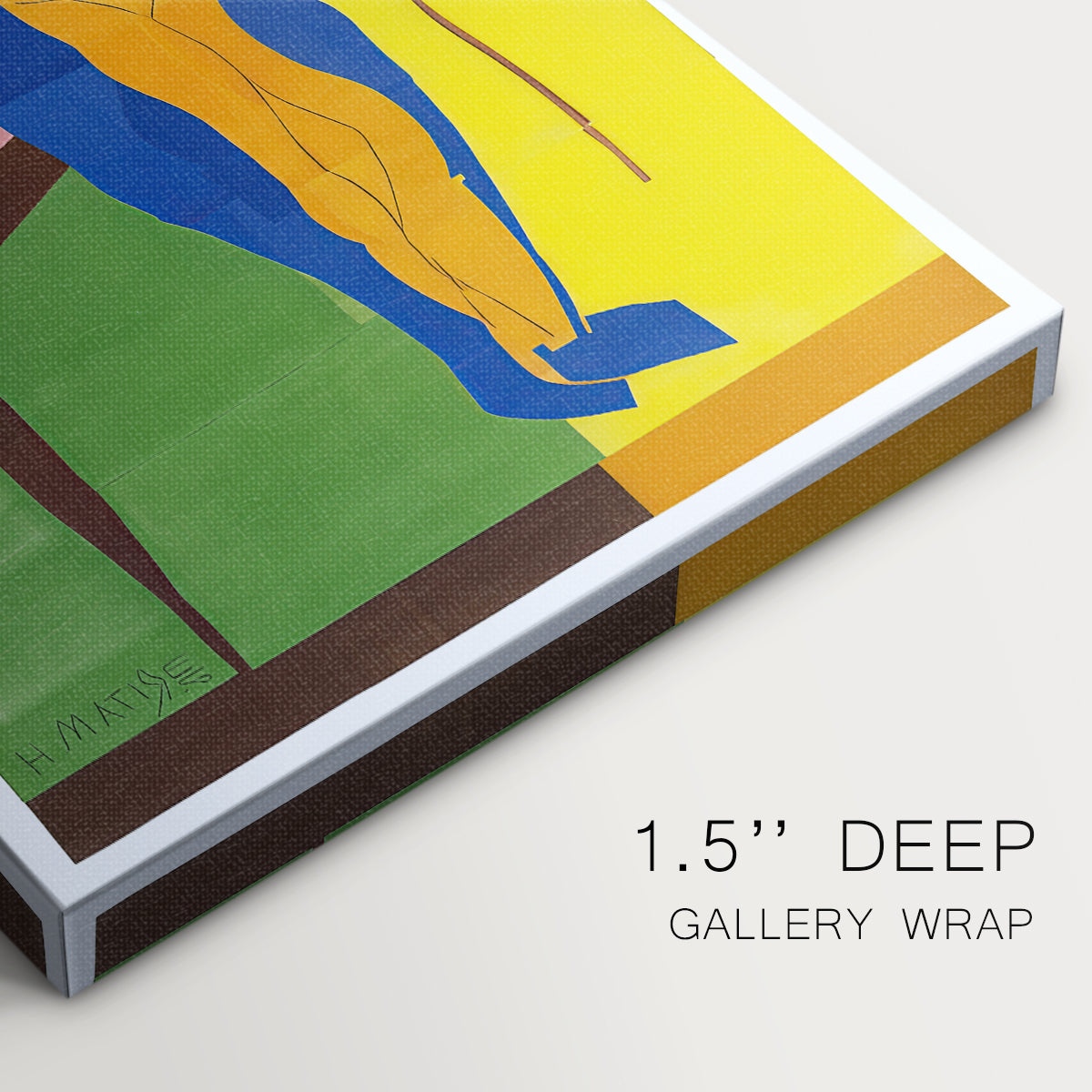 Close-up of a gallery-wrapped canvas corner showing a dynamic image with strong contrast and simplified features, highlighting texture and print detail.