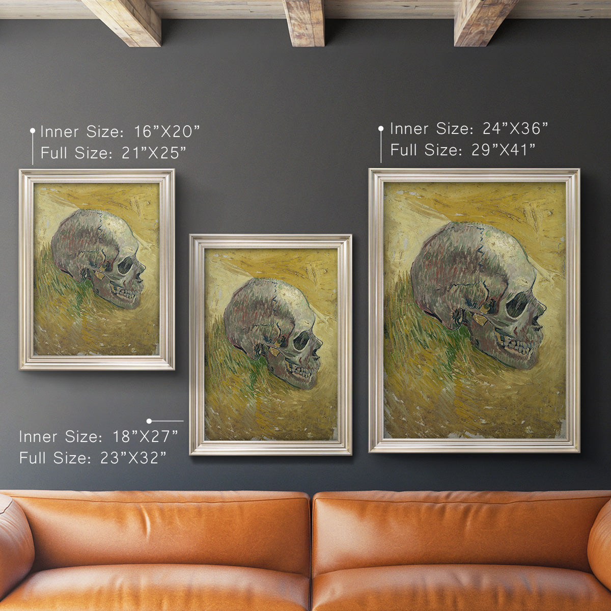 Profile skull study artwork by Vincent van Gogh in an ornate champagne frame shown in multiple vertical size options.