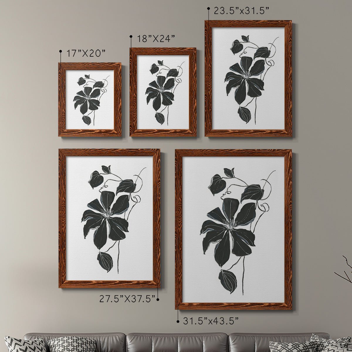 Size comparison chart for a set of two maple barnwood framed canvas prints.