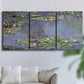 Three-panel canvas wall art featuring purple haze water lily pond, displayed in a living room above a sofa.