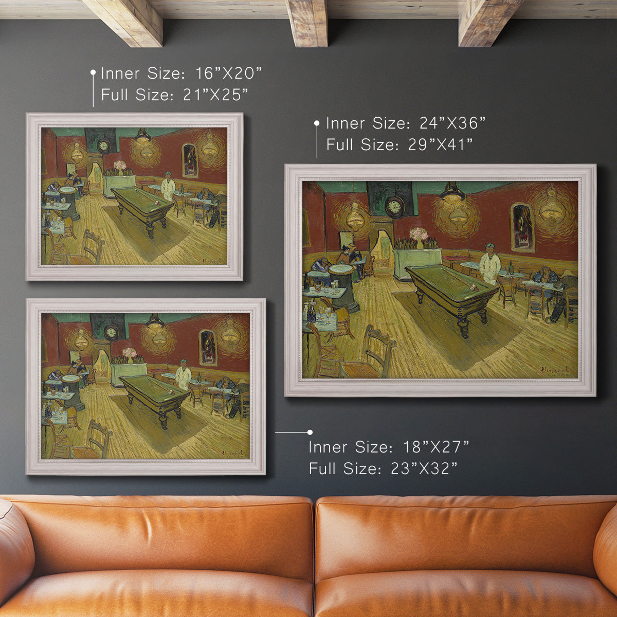 Impressionist interior of a night café by Vincent van Gogh in an ornate weathered white frame shown in multiple size options.