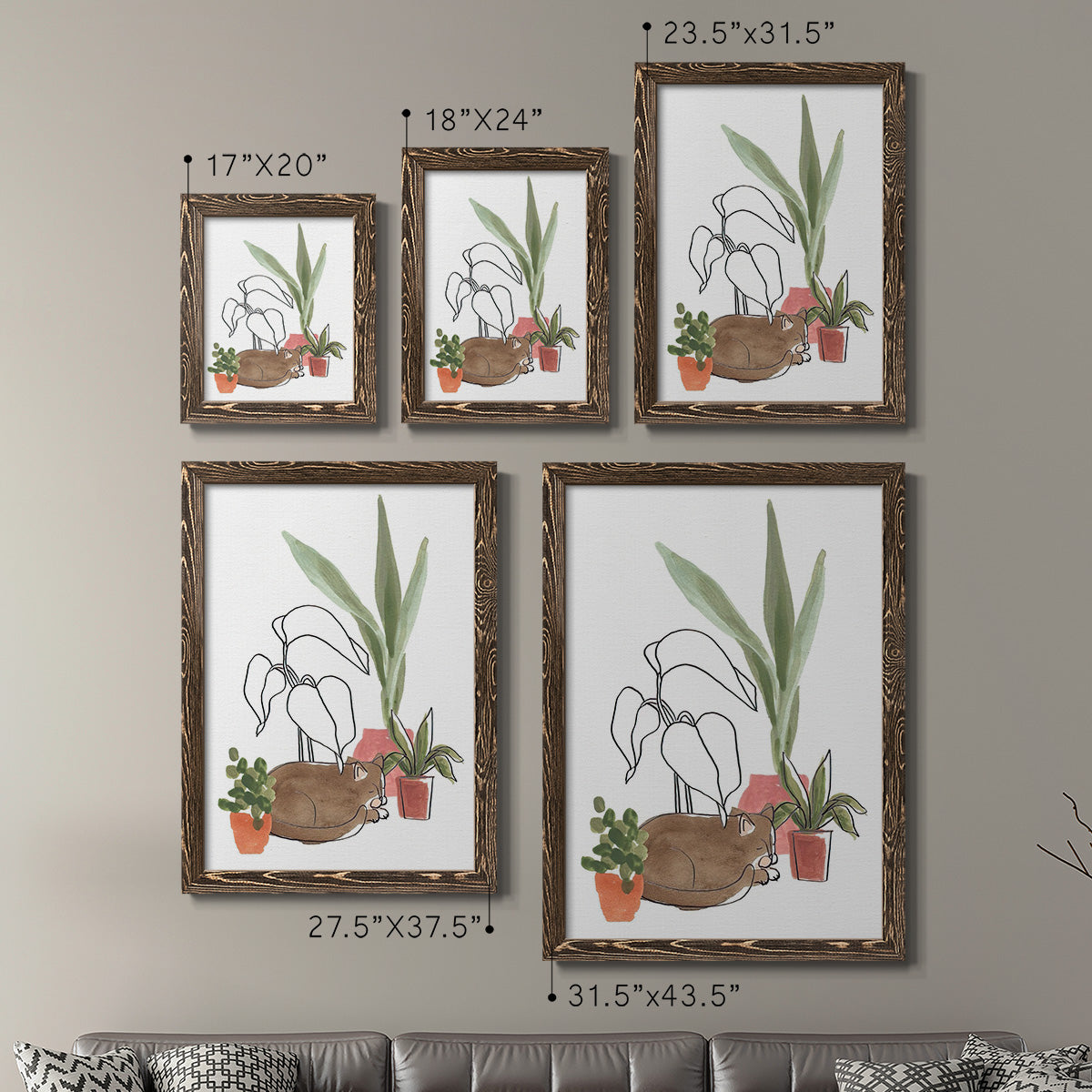 Size comparison chart for a set of two walnut barnwood framed canvas prints.