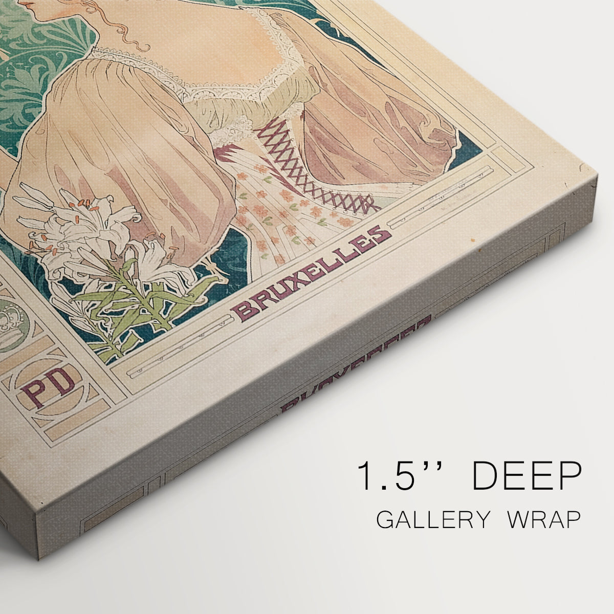 Close-up of a gallery-wrapped canvas corner showing a classic print combining portrait and product branding, highlighting texture and print detail.