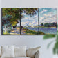 Three-panel canvas wall art featuring river landscape with boats, displayed in a living room above a sofa.