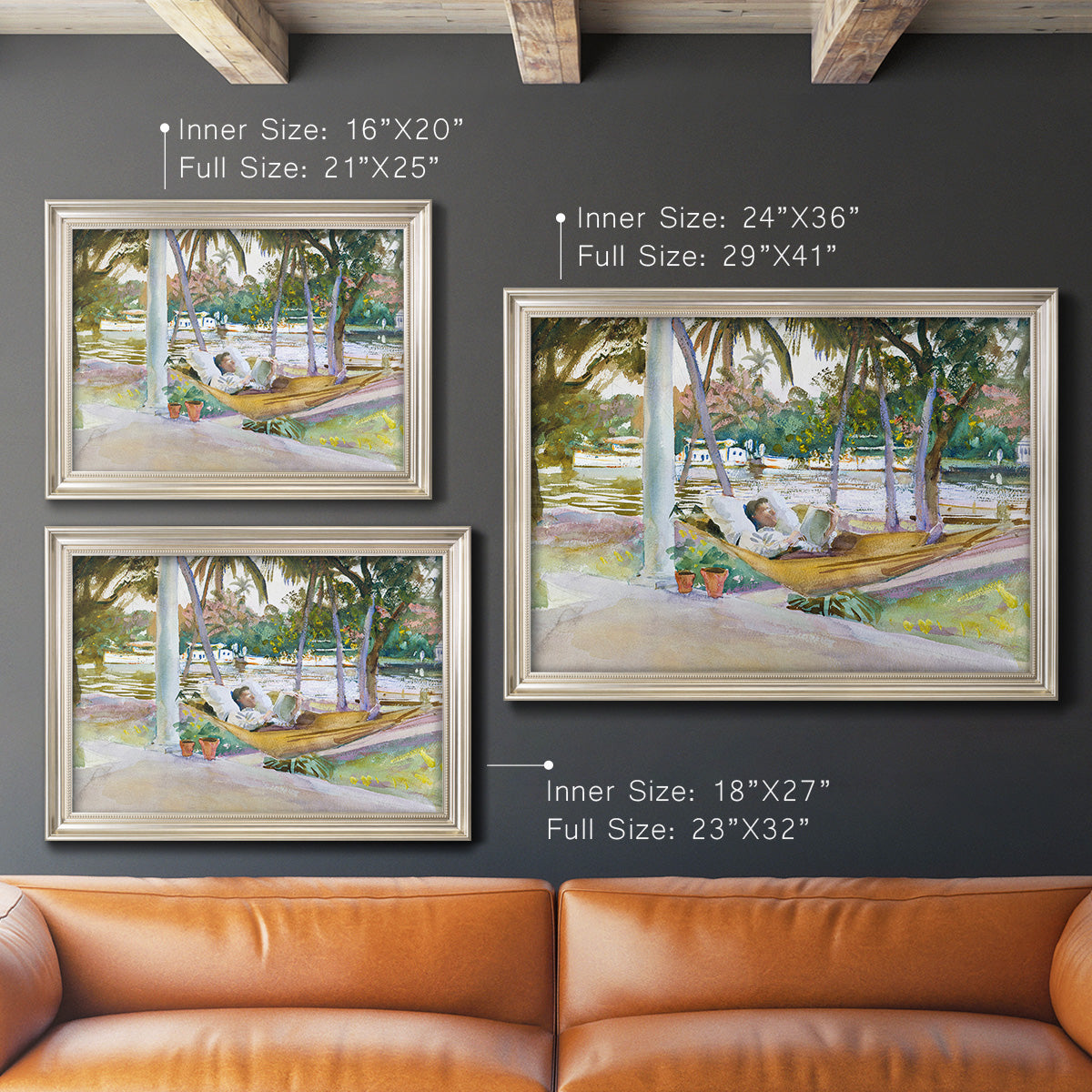 Impressionist leisure portrait scene by John Singer Sargent in an ornate champagne frame shown in multiple size options.