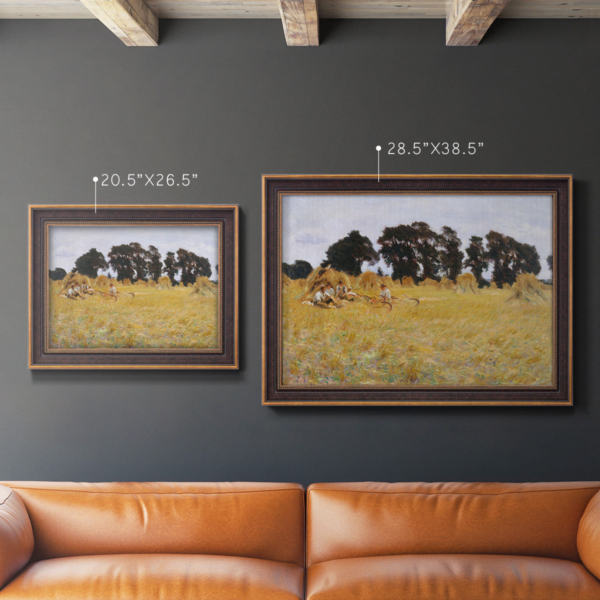 Impressionist rural harvest scene by John Singer Sargent in an ornate bronzed mahogany wood frame shown in multiple size options.