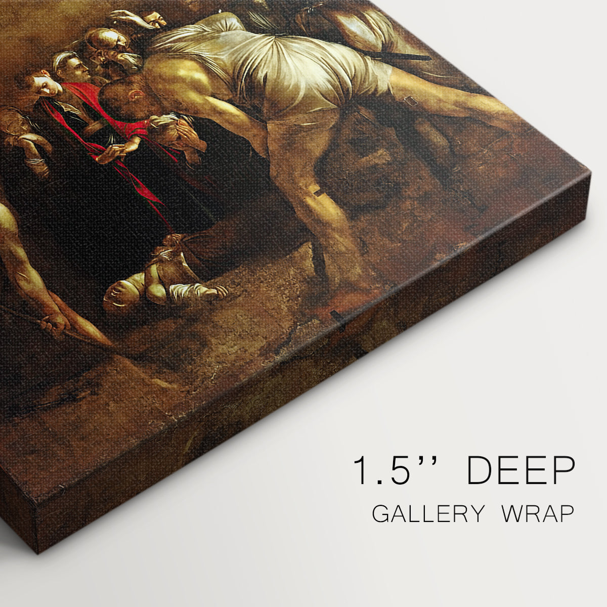 Close-up of a gallery-wrapped canvas corner showing a dramatic burial scene with minimal background detail, highlighting texture and print detail.