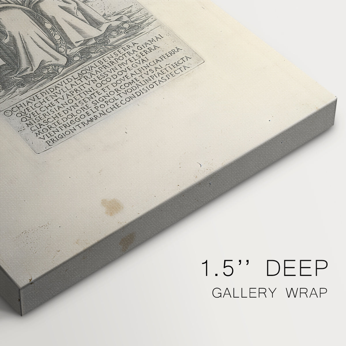 Close-up of a gallery-wrapped canvas corner showing a composed engraving with decorative elements, highlighting texture and print detail.