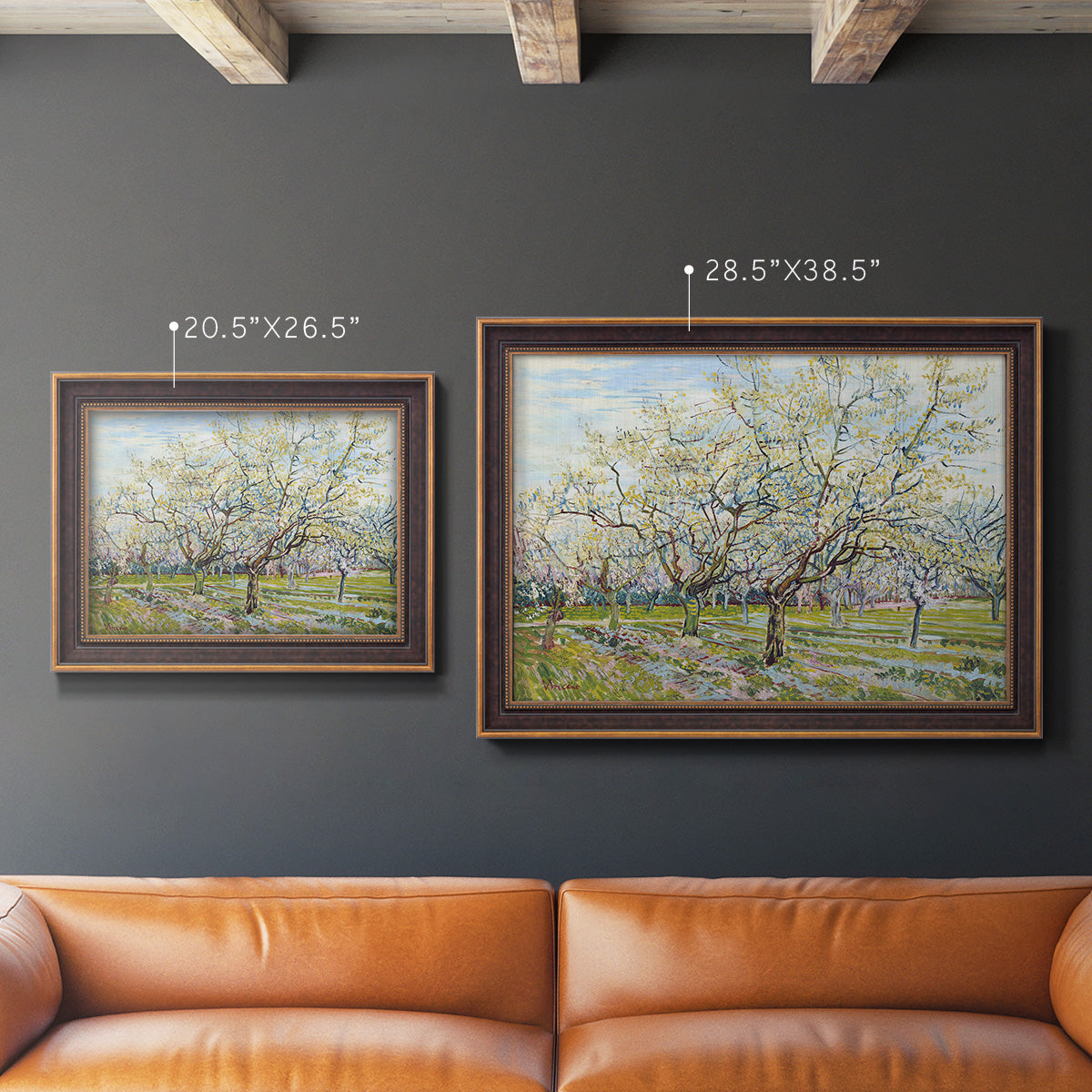 Impressionist white-blossomed orchard landscape by Vincent van Gogh in an ornate bronzed mahogany wood frame shown in multiple size options.