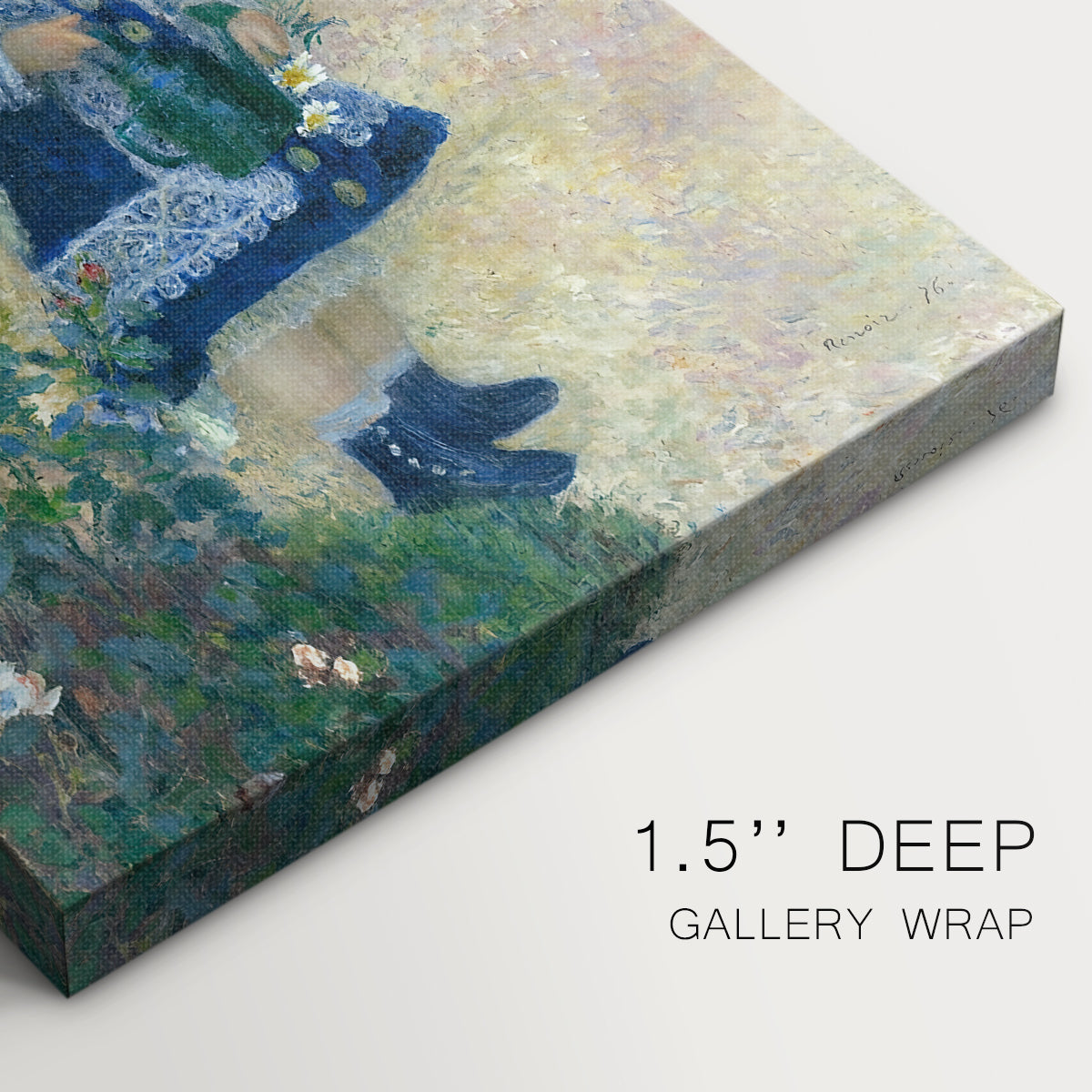 Close-up of a gallery-wrapped canvas corner showing a soft portrait of a child with greenery and gentle brushwork, highlighting texture and print detail.