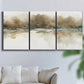 Three-panel canvas wall art featuring soft abstract mirrored reflections, displayed in a living room above a sofa.
