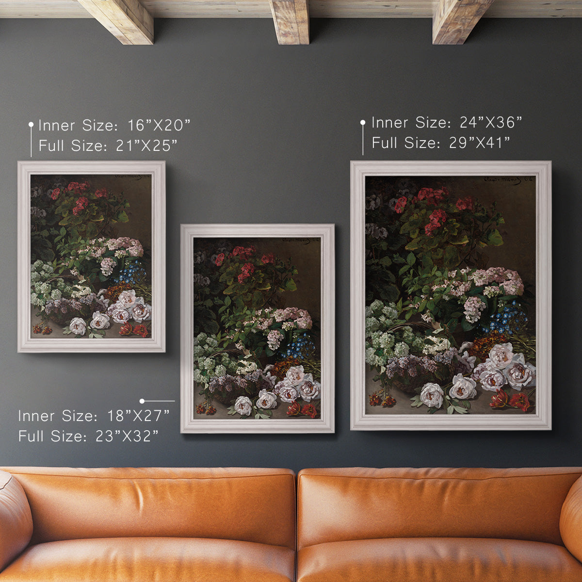 Early impressionist floral painting by Claude Monet in an ornate weathered white frame shown in multiple vertical size options.
