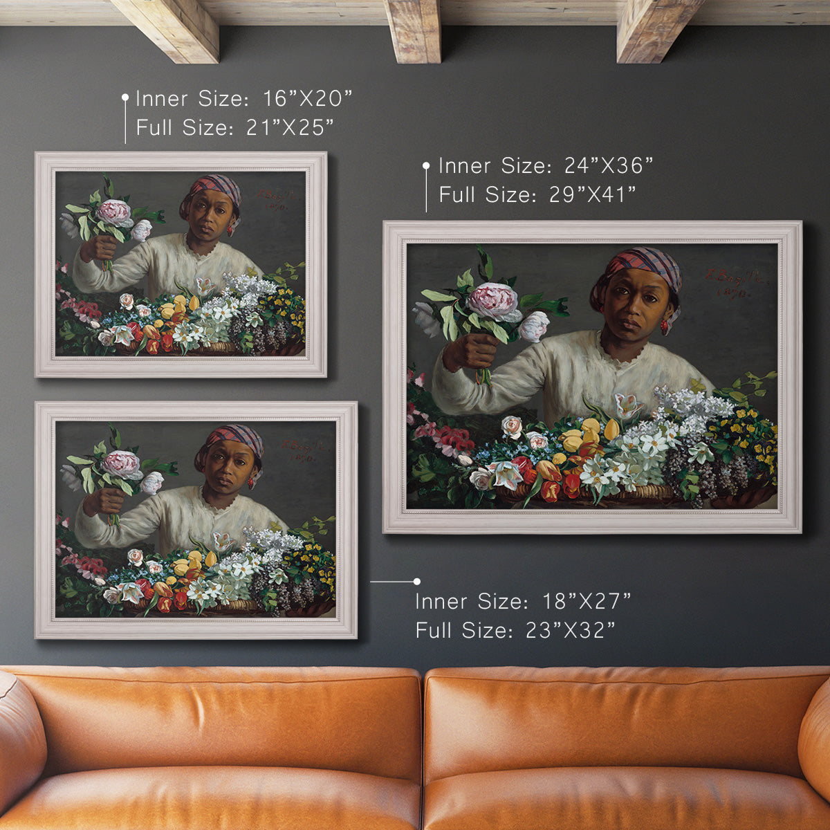 Traditional portrait of a woman holding peonies by Frédéric Bazille in an ornate weathered white frame shown in multiple size options.
