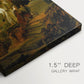 Close-up of a gallery-wrapped canvas corner showing a calm image with figures and gentle atmosphere, highlighting texture and print detail.