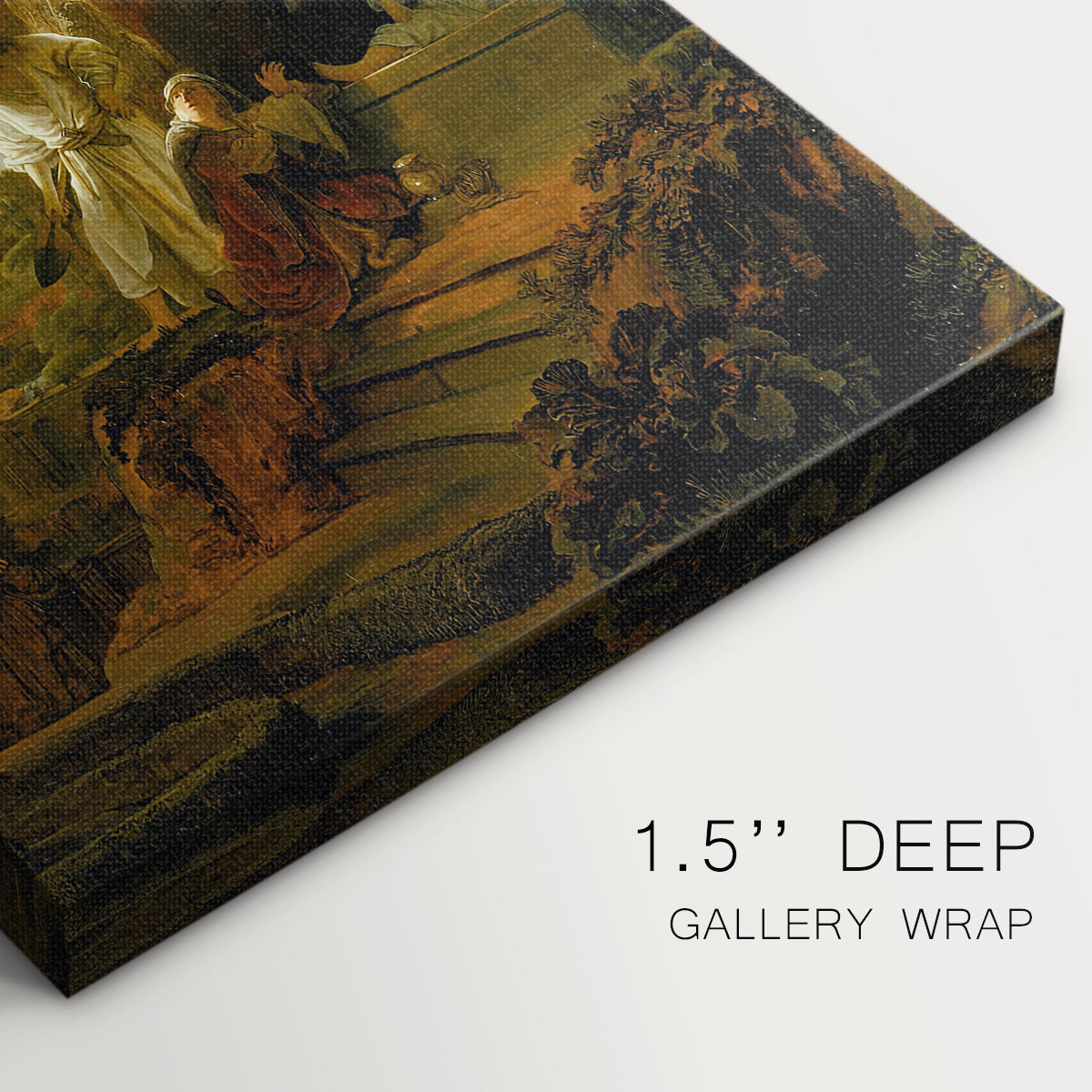 Close-up of a gallery-wrapped canvas corner showing a calm image with figures and gentle atmosphere, highlighting texture and print detail.