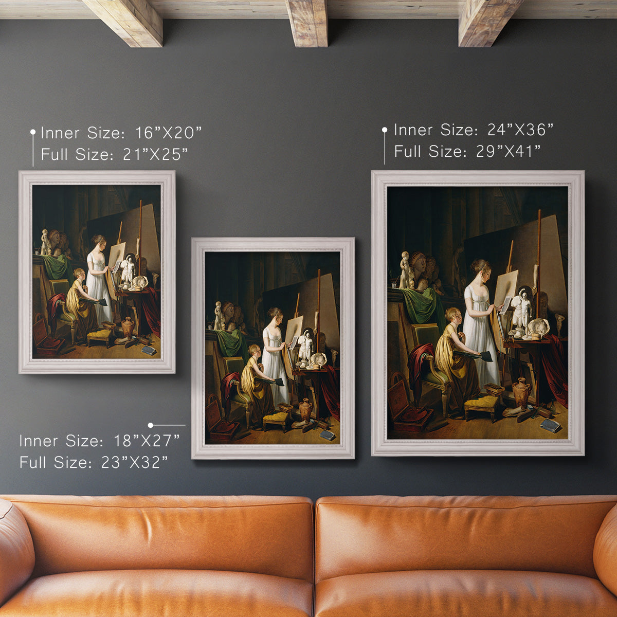 Classical interior painting of an artist at work by Louis-Leopold Boilly in an ornate weathered white frame shown in multiple vertical size options.