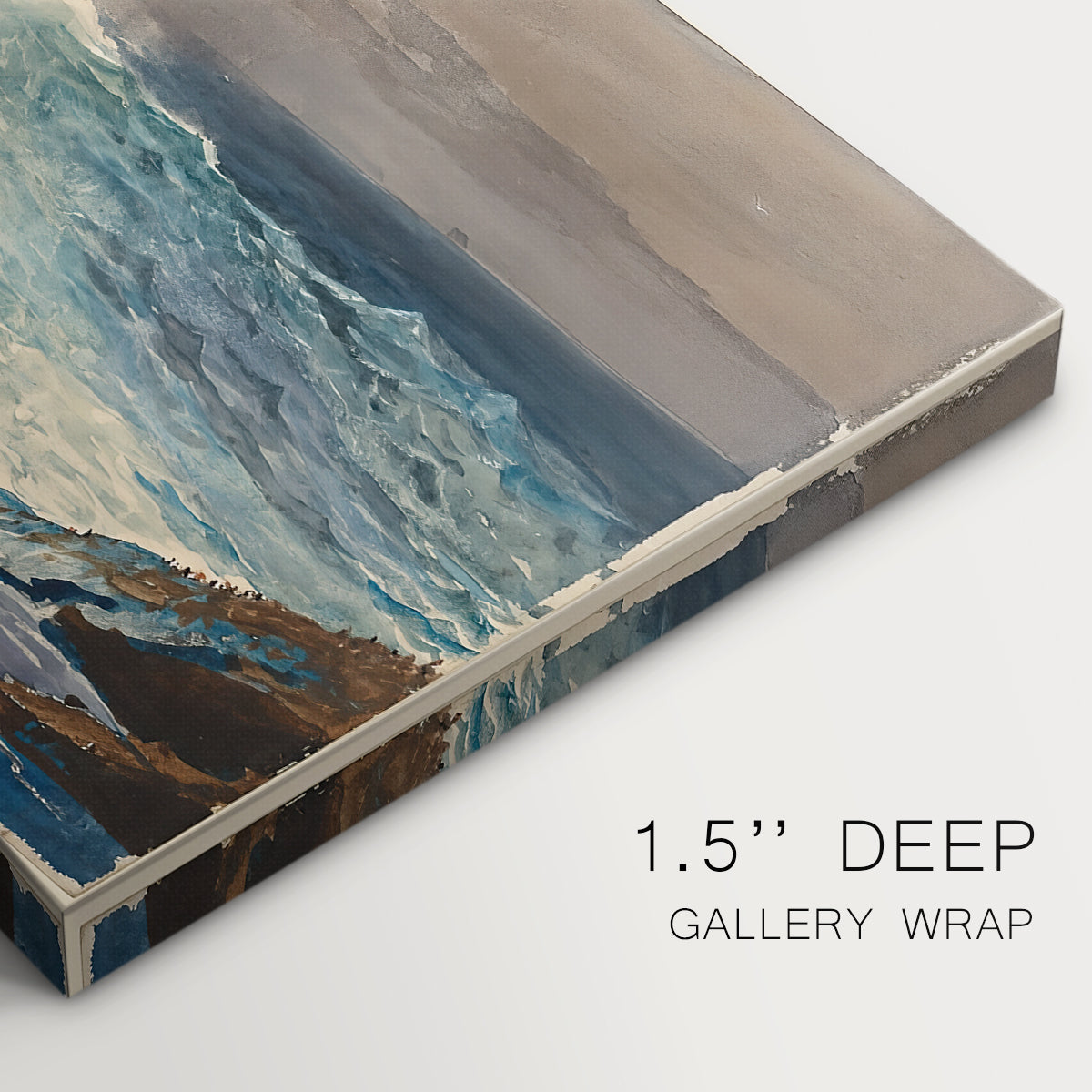 Canvas art print of waves rolling toward rocky shoreline with low buildings nearby, highlighting texture and gallery-wrapped edges