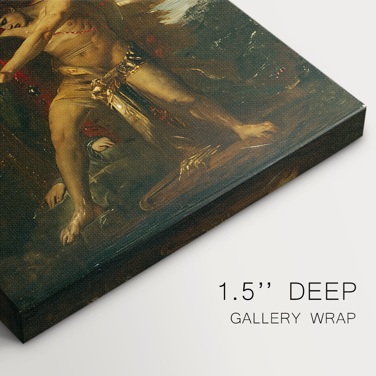 Close-up of a gallery-wrapped canvas corner showing a mythic composition with bold structure, highlighting texture and print detail.