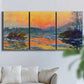 Three-panel canvas wall art featuring winter sunset over river, displayed in a living room above a sofa.