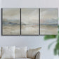 Three-panel canvas wall art featuring soft abstract horizon haze, displayed in a living room above a sofa.