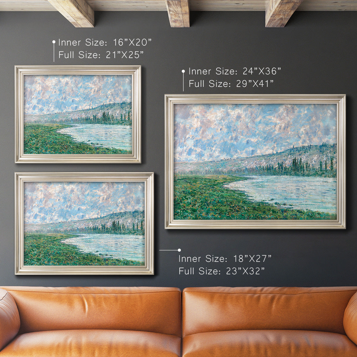 Impressionist river landscape at Vétheuil by Claude Monet in an ornate champagne frame shown in multiple size options.
