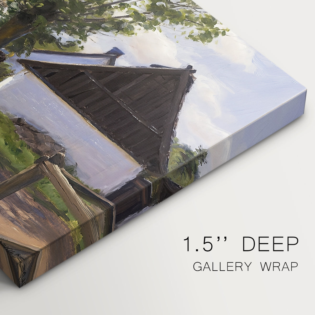 Canvas art print of a woman and milkman standing along village street with houses nearby, highlighting texture and gallery-wrapped edges