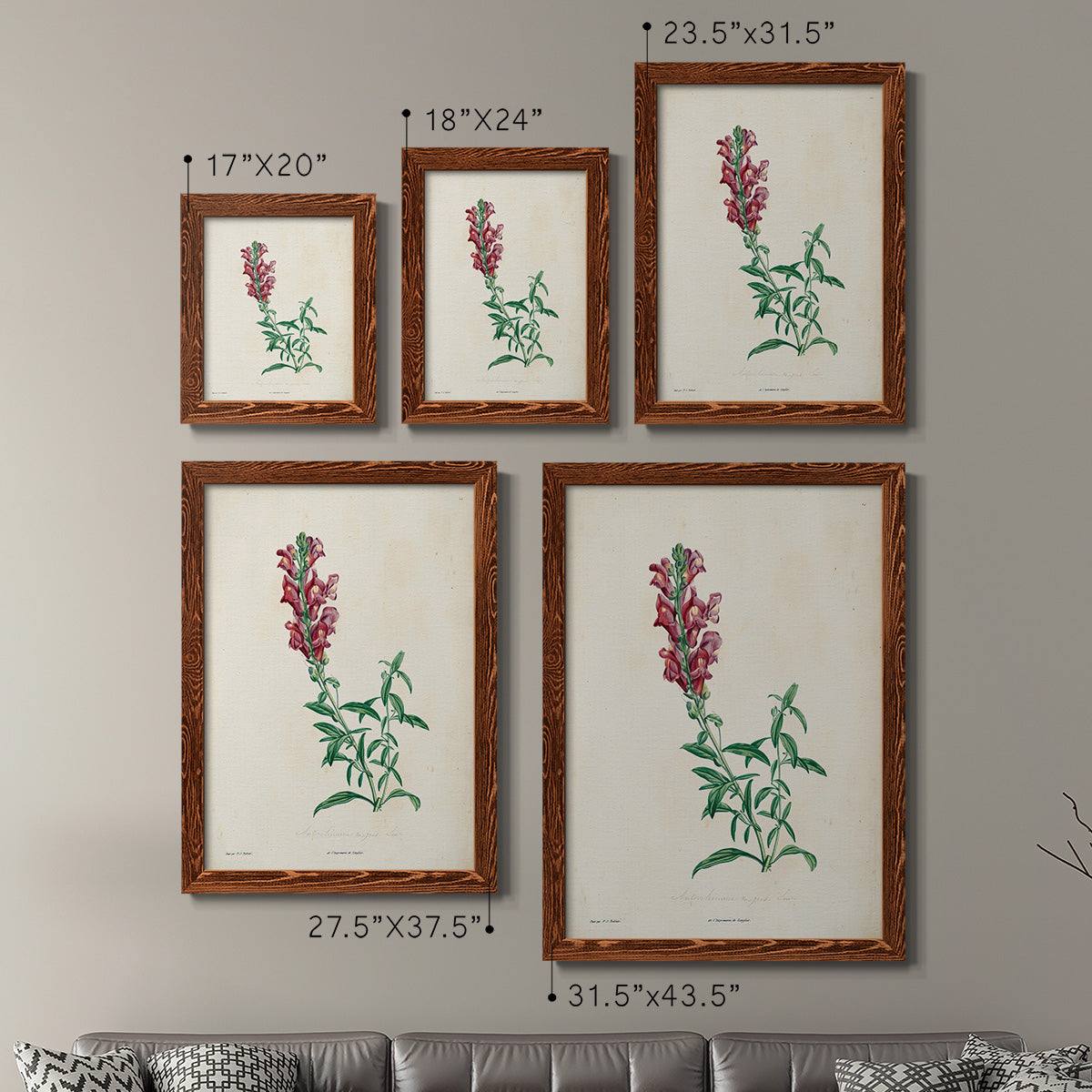 Size comparison chart for a set of two maple barnwood framed canvas prints.
