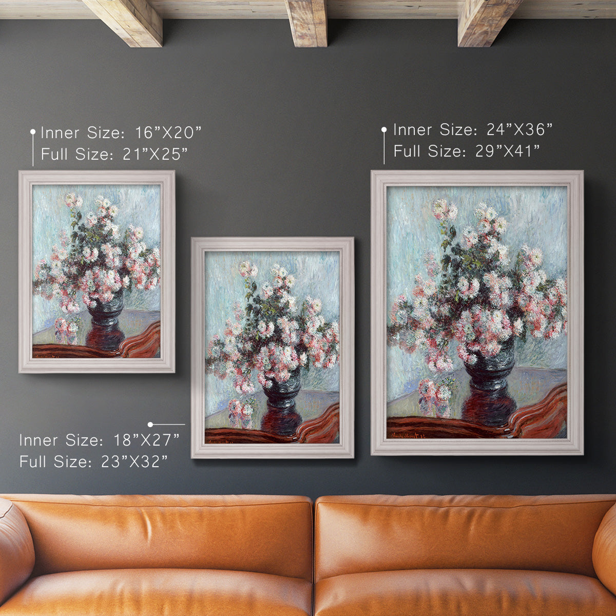 Impressionist chrysanthemum floral painting by Claude Monet in an ornate weathered white frame shown in multiple vertical size options.