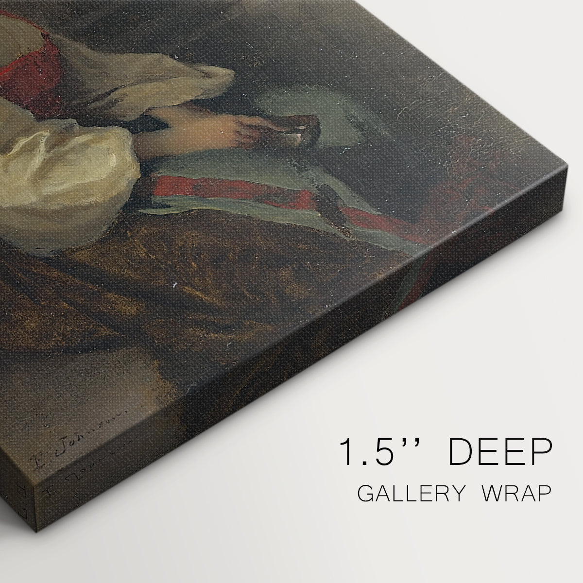 Close-up of a gallery-wrapped canvas corner showing a warm-toned composition with a casually dressed figure, highlighting texture and print detail.