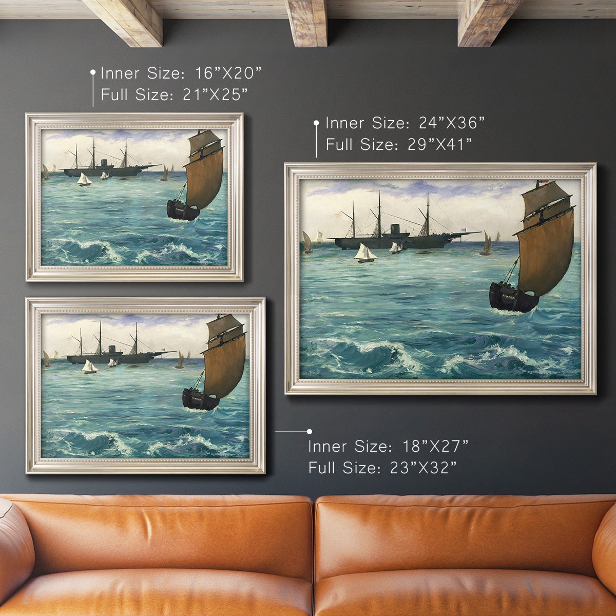 Impressionist naval seascape with the Kearsarge by Édouard Manet in an ornate champagne frame shown in multiple size options.
